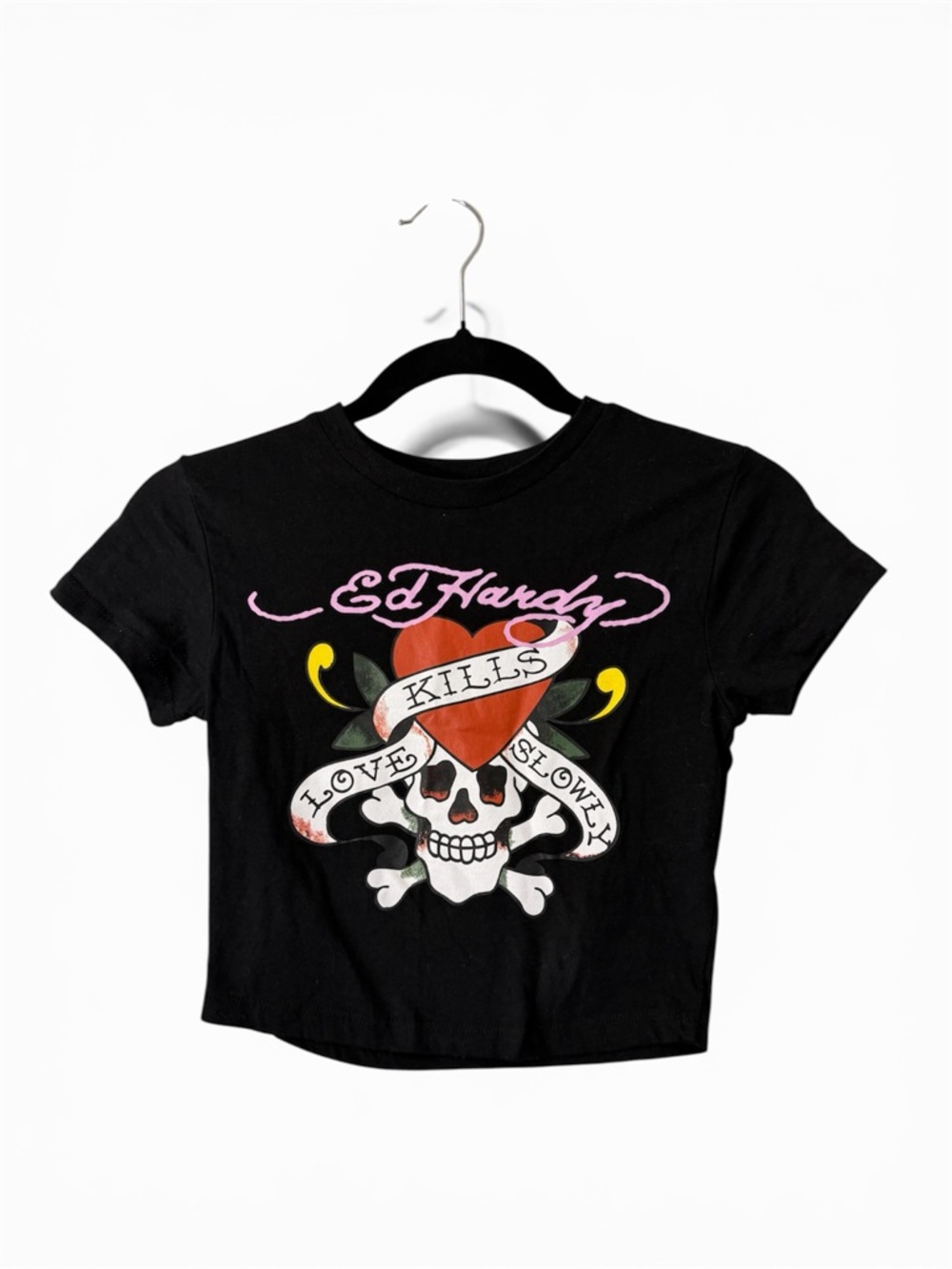 Ed Hardy Love Kills Slowly Baby Tee Shirt Women XS Black Skull Heart Logo Crop